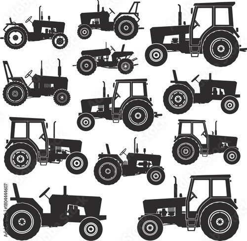 Old farm tractor machine equipment silhouette symbol set vector illustration