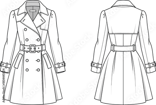 Elegant women's double-breasted trench coat dress flat sketch technical drawing template, belted with a wide waist belt, flared A-line skirt, and cuff straps, apparel CAD design vector.
