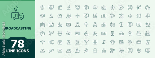 Broadcasting icon set. Contains outline symbols like podcast, stream, on line, broadcast, live streaming and more. Streaming icon collection. Minimal icons pack. Art and illustration.
