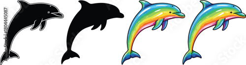 Four dolphins in different styles silhouette and color drawing vector illustration of marine mammal