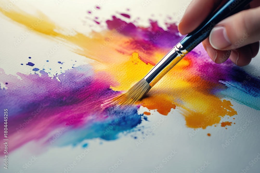 Obraz premium A hand paints vibrant watercolor strokes, blending purple, yellow, orange, and blue onto a white textured paper, evoking artistic expression.