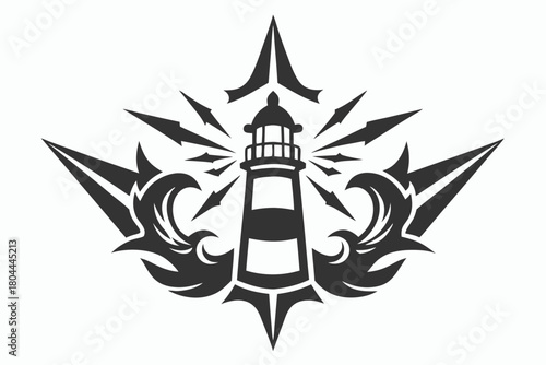 Black lighthouse shines light amid crashing waves and pointed starbursts, showing a nautical symbol