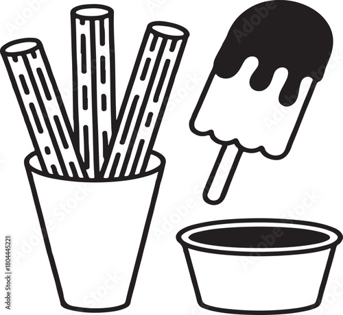 Churros and Chocolate Ice Cream Dessert Black and White Illustration