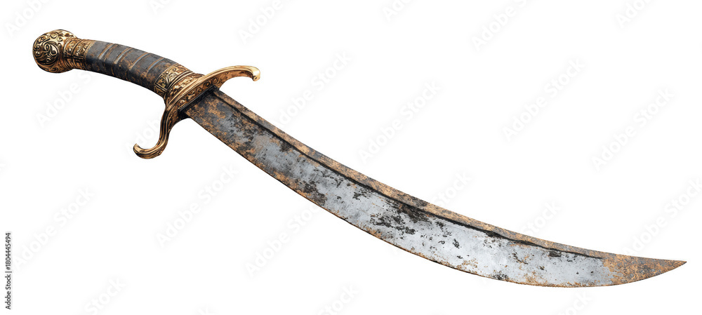 Fototapeta premium Old corroded cutlass with curved blade, isolated on transparent background, pirate sword concept, realistic texture and lighting
