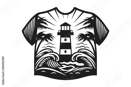 Black lighthouse stands amidst palm trees and ocean waves in a tshirt silhouette
