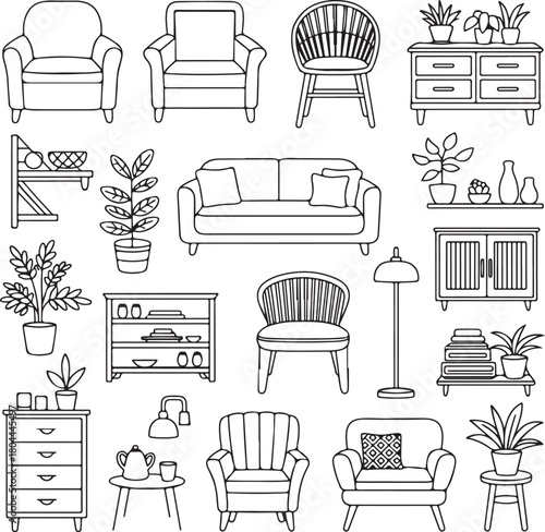Outline Illustration of Furniture and Interior Decoration for Home or Office
