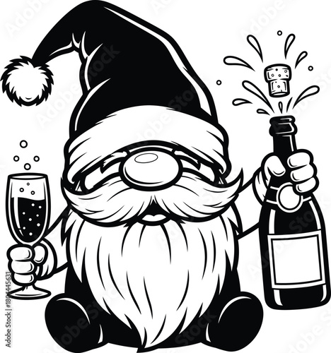 Christmas gnome with champagne bottle vector graphic holiday celebration eps silhouette