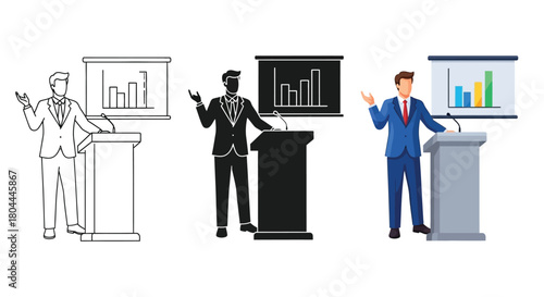 Business presentation with graph, depicted in line art, silhouette, and full color variations