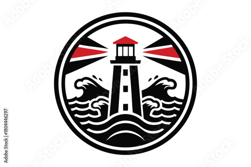 Black lighthouse emits bright red beams across crashing ocean waves in circle