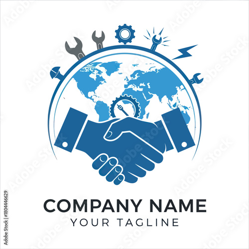 Global Business Partnership Handshake with Industrial Tools and Earth.
