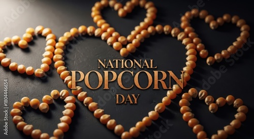 National popcorn day celebration with popcorn kernels arranged in heart shapes around the text, symbolizing love for this popular snack