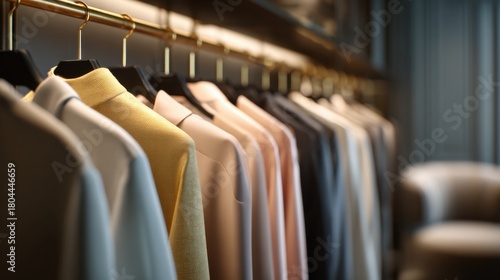 Wardrobe Elegance: A curated selection of tailored shirts, showcasing a spectrum of colors and styles, hangs gracefully on a polished rack within a boutique, evoking a sense of refined fashion.