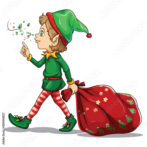 Illustration of a young elf dragging a sack of gifts on a white background