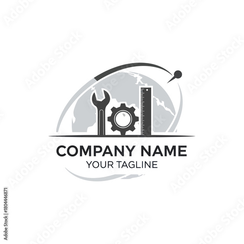 Industrial Company Logo with Tools and Globe Elements.
