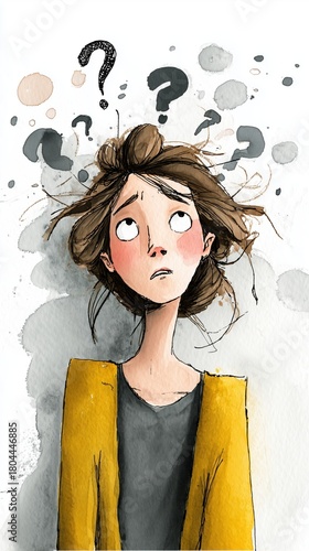 Jeune femme perplexe entourée de points d'interrogation colorés