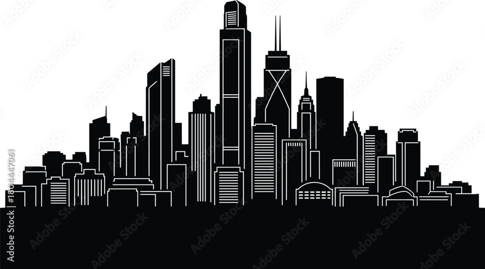 Obraz premium Vector silhouette of modern city skyline with tall skyscrapers and architectural variety for urban design, travel, planning, and branding themes