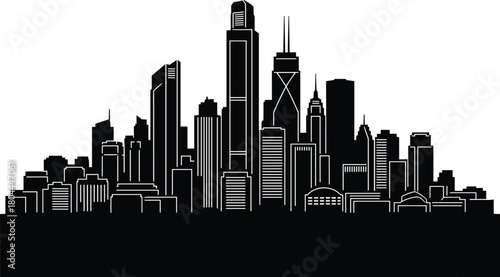 Vector silhouette of modern city skyline with tall skyscrapers and architectural variety for urban design, travel, planning, and branding themes