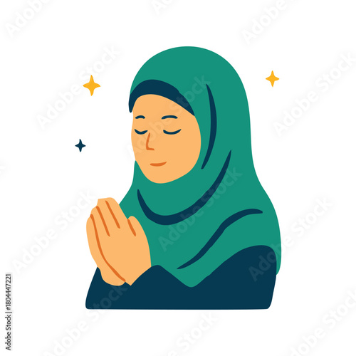 Muslim woman wearing a blue headscarf praying
