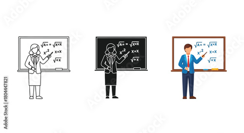 Teacher explaining math formulas blackboard, shown in line art, silhouette, and color