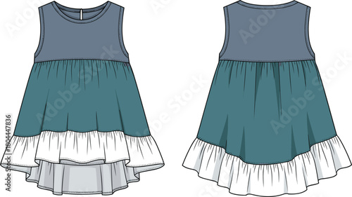 Cute toddler baby girl color-block knit tunic top dress fashion drawing flat sketch template, high-low hem, round neck, and bottom ruffle, apparel technical CAD design vector.