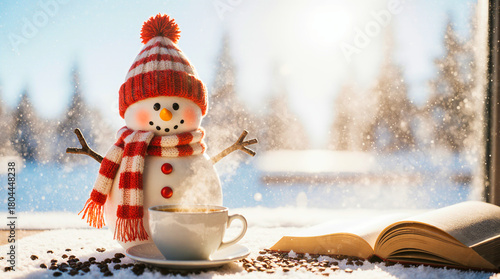 Cozy snowman with coffee and book by snowy window