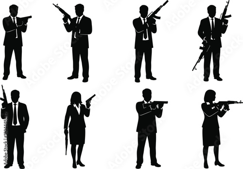 Vector silhouettes of armed men and women in suits with guns for spy, action, crime, thriller, mystery, and tactical design themes