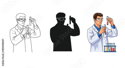Scientist in lab coat and safety glasses holding test tubes, available as a color, silhouette, and outline version