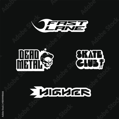 Urban Subculture Logo Set – Fast Lane, Dead Metal, Skate Club, Higher – Bold Stylized Designs on Black Background