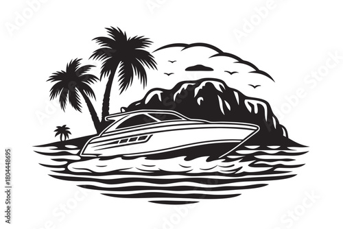 Black outline shows boat sailing past tropical island with palm trees and mountain