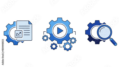 A set of three blue gear icons representing data reporting, video automation, and search analysis.