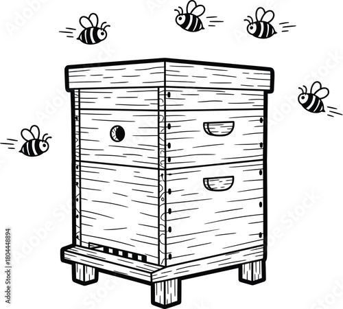 Beehive illustration with bees flying around in black and white style eps silhouette