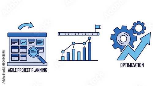 Icons representing Agile Project Planning, Data Analysis with a Ruler, and Optimization with Gears and an Upward Arrow.