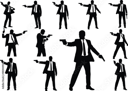 Vector silhouettes of armed men in suits with handguns for spy, detective, crime, thriller, action, mystery, and security themes