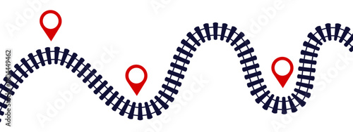 Train route infographic template. Vector curved railway tracks with journey pins, symbolizing travel map, station roadmap, and railroad navigation timeline concept.