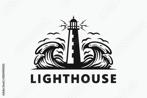 Black silhouette depicts a lighthouse emitting light, flanked by dynamic waves and birds