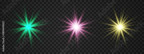 Green, pink and yellow light flare effects with glowing sun rays. Star burst with radial shine beams, glint sparks. Vector starburst pattern on transparent backdrop. Png overlay set for bright design