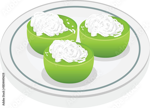 Delicious Green Kuih Kaswi Dessert Topped with Shredded Coconut, Served on a White Plate, Malaysian Traditional Food