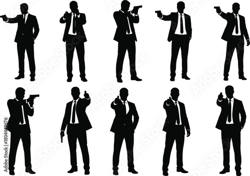Vector silhouettes of armed men in suits with handguns for spy, detective, crime, thriller, action, security, and mystery themes