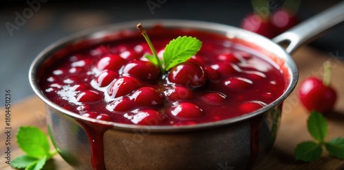 Sweet Cherry Sauce Reduction Close up of a stainless steel saucepan on a stovetop, containing a rich, glossy, vibrant red cherry sauce that is gently simmering. A few fresh cherries and a sprig of