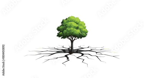 A vibrant green tree growing from cracked dry earth, Generative AI.