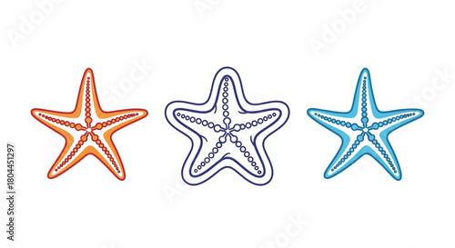 Three colorful starfish, showcasing a vibrant orange, a detailed purple outline, and a cool blue variant, perfect for summer themes