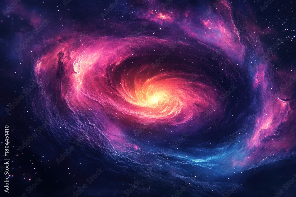 Obraz premium A stunning cosmic spiral galaxy, bursting with vibrant pink, purple, and orange nebulae, illuminating the dark expanse of space with countless stars.