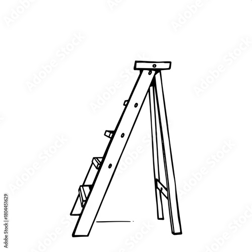 Minimal line-art depiction of a classic carpenter’s stepladder rendered in heavy black strokes on a clean white background with no shadows or decorative details, the stepladder's rungs and rails forme