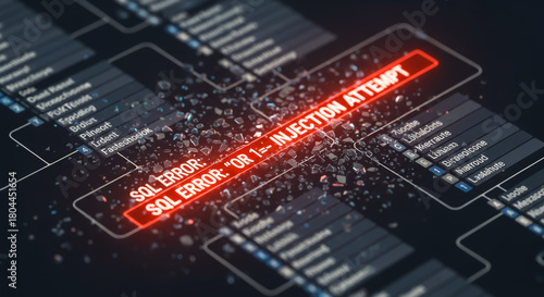 Cybersecurity alert: A red warning message, SQL ERROR OR 1-- INJECTION ATTEMPT, glows against a backdrop of a database schema, symbolizing the urgent issue of data breach.