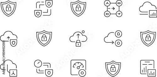 Security and Cloud Technology Outline Icons Keywords: security, shield, lock, padlock, cloud