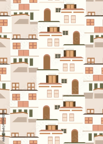 Seamless hand-drawn illustrations of Greek and Italian-style houses. Architectural structures, design for backgrounds, wallpaper, covers, wrapping paper, and postcards.