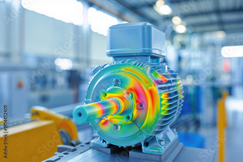 Thermal analysis of an industrial electric motor with a heat map simulation overlay.