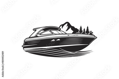 Black silhouette showcases a sleek powerboat cruising past pine trees and a striking mountain
