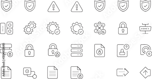 Technology and Security Outline Icons Set Keywords: security, shield, warning, alert, exclamation
