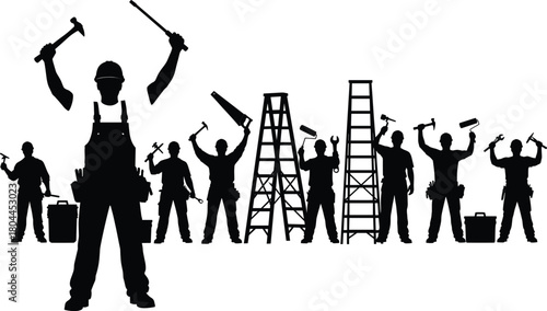 Vector silhouettes of construction workers with tools, ladders, and toolboxes for labor, teamwork, repair, building site, handyman, and industrial design
